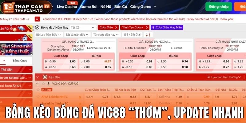 Bảng kèo bóng đá Vic88 “thơm”, update nhanh